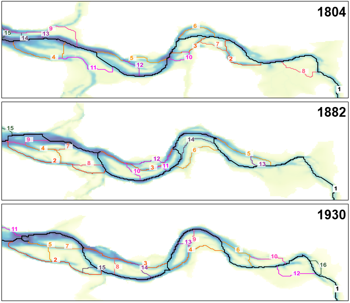 Figure 1: Channel networks derived for the historic Western Scheldt, from top to bottom for 1804, 1882 and 1930. Channel numbers indicate their importance, where the black line (1) is the main channel.